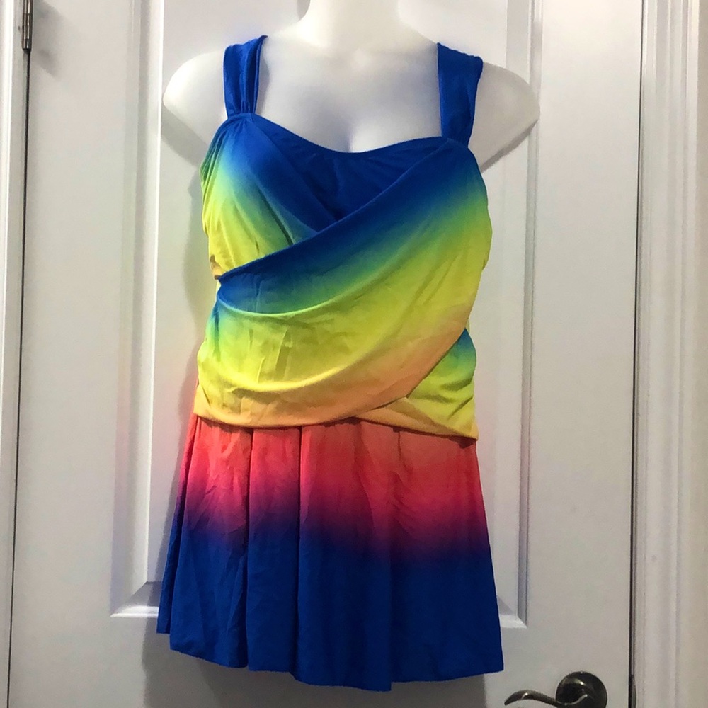 Rainbow Wrap Front Skirted Swim Top 2X
